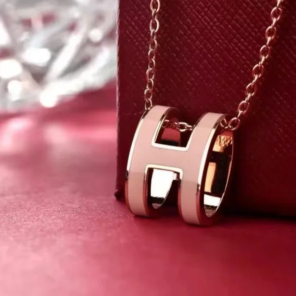 18K Gold Pink Enameled Minimalist Letter H Shaped Pendant Necklace - Picture 4 of 4